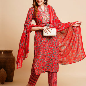Floral Foil Printed & Embroidered Straight Kurta with Pant & Dupatta - Red