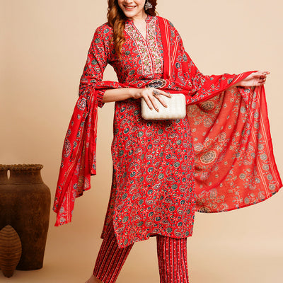 Floral Foil Printed & Embroidered Straight Kurta with Pant & Dupatta - Red