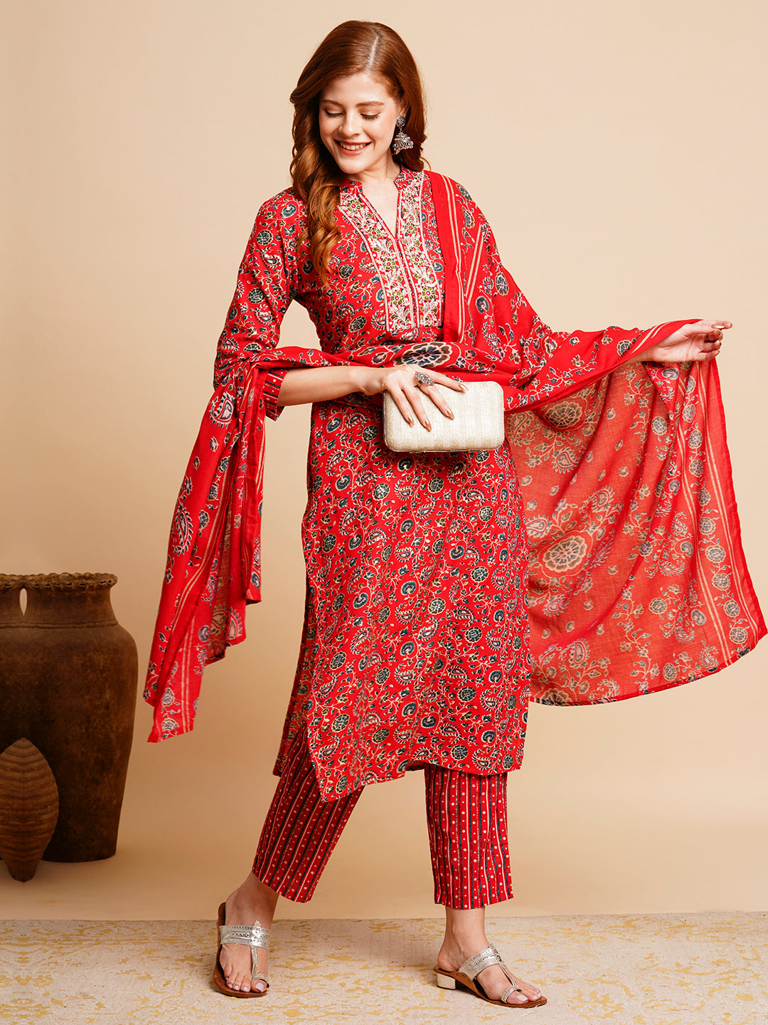 Floral Foil Printed & Embroidered Straight Kurta with Pant & Dupatta - Red