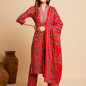 Floral Foil Printed & Embroidered Straight Kurta with Pant & Dupatta - Red