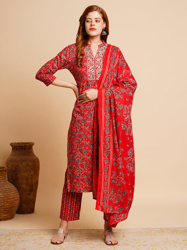 Floral Foil Printed & Embroidered Straight Kurta with Pant & Dupatta - Red