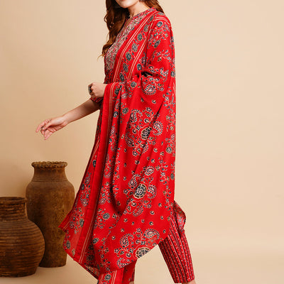 Floral Foil Printed & Embroidered Straight Kurta with Pant & Dupatta - Red
