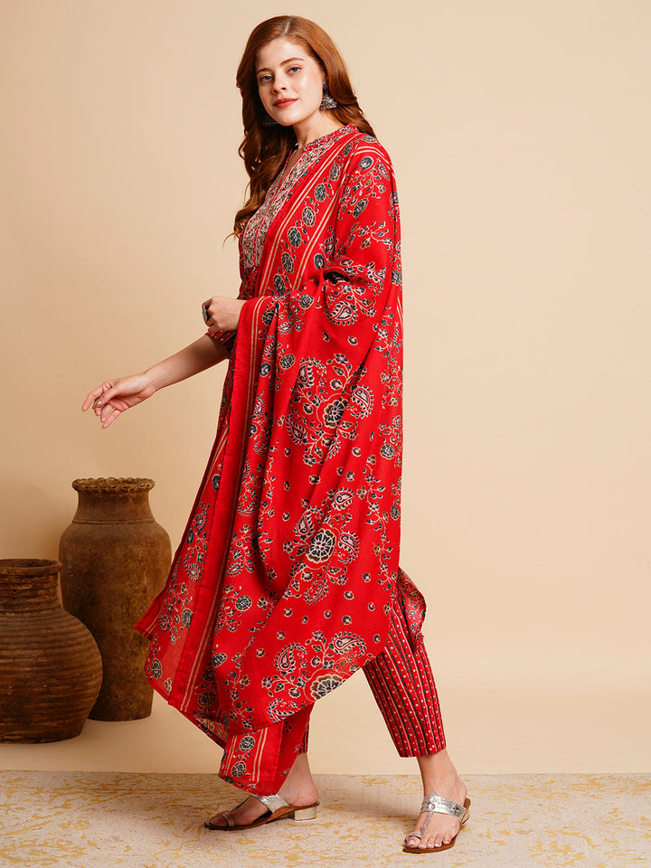 Floral Foil Printed & Embroidered Straight Kurta with Pant & Dupatta - Red