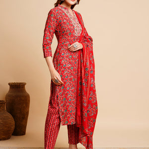 Floral Foil Printed & Embroidered Straight Kurta with Pant & Dupatta - Red