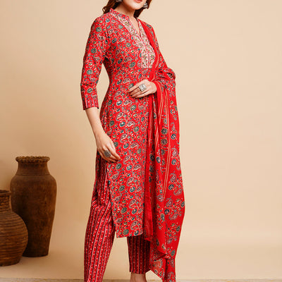 Floral Foil Printed & Embroidered Straight Kurta with Pant & Dupatta - Red