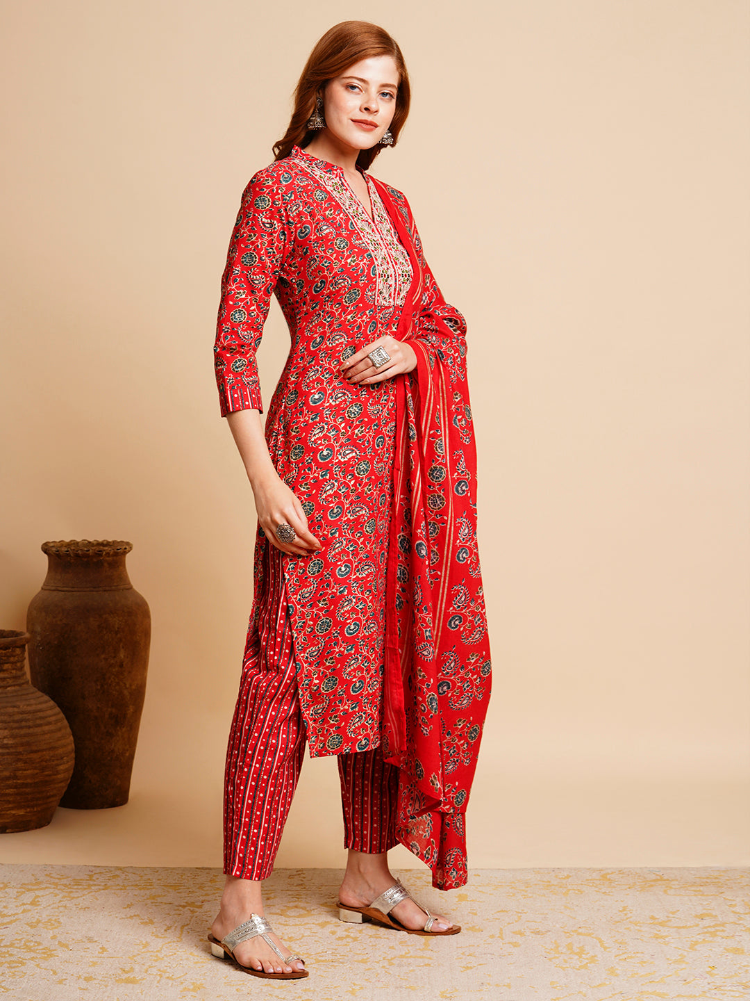 Floral Foil Printed & Embroidered Straight Kurta with Pant & Dupatta - Red