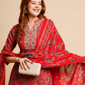 Floral Foil Printed & Embroidered Straight Kurta with Pant & Dupatta - Red