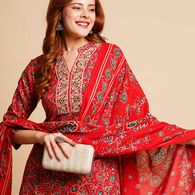 Floral Foil Printed & Embroidered Straight Kurta with Pant & Dupatta - Red
