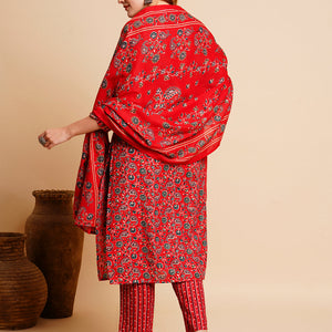 Floral Foil Printed & Embroidered Straight Kurta with Pant & Dupatta - Red