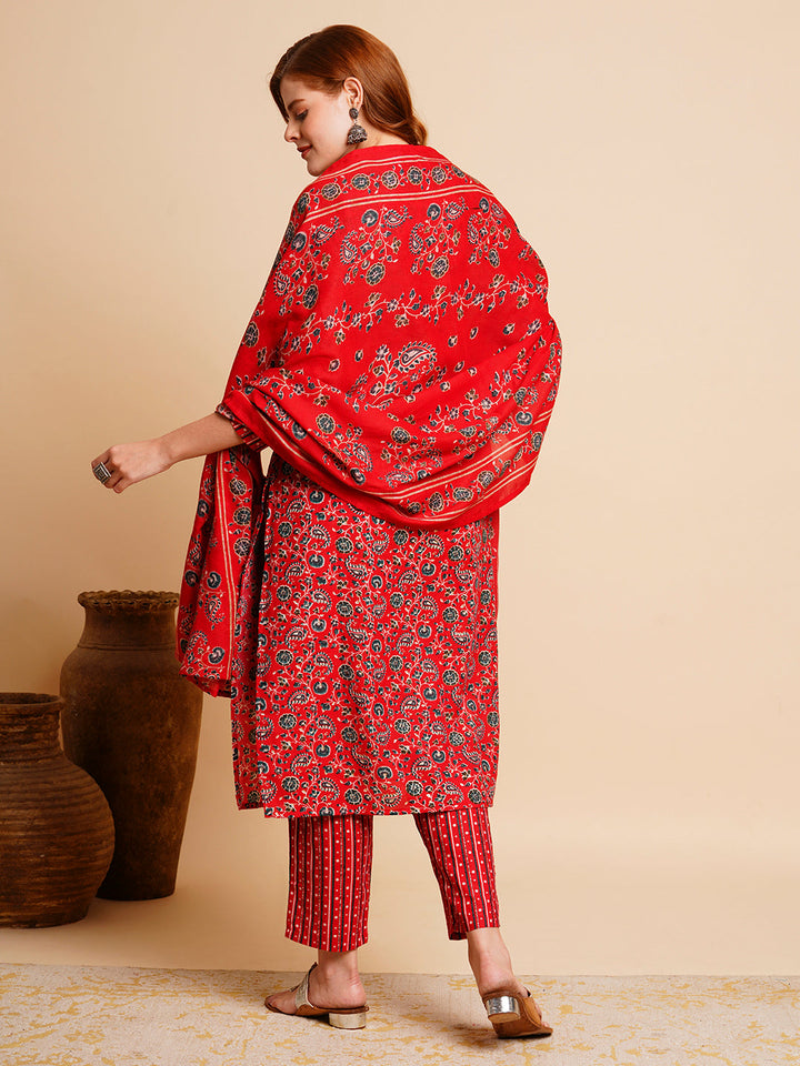 Floral Foil Printed & Embroidered Straight Kurta with Pant & Dupatta - Red