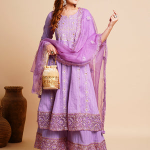 Floral Embroidered Anarkali Kurta with Palazzo & Organza Dupatta - Purple