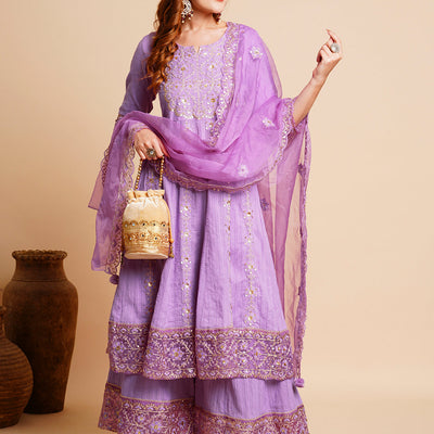 Floral Embroidered Anarkali Kurta with Palazzo & Organza Dupatta - Purple