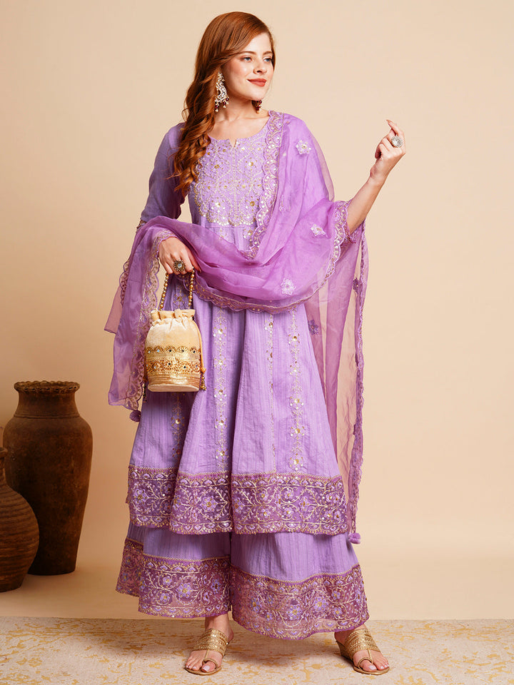 Floral Embroidered Anarkali Kurta with Palazzo & Organza Dupatta - Purple