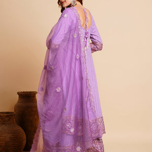 Floral Embroidered Anarkali Kurta with Palazzo & Organza Dupatta - Purple