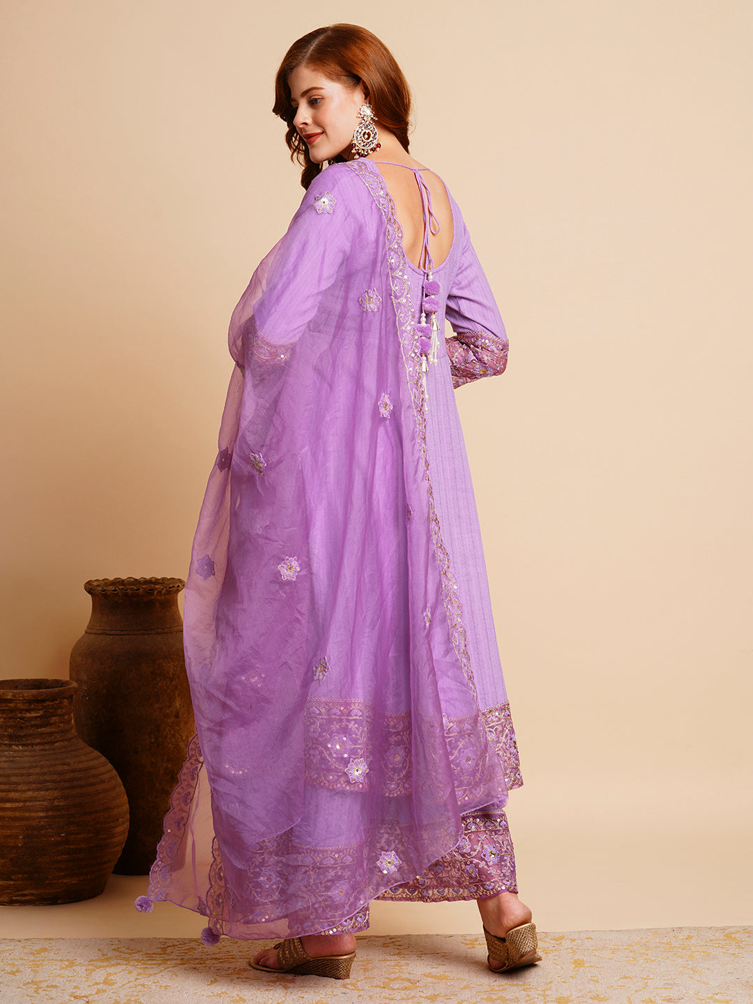 Floral Embroidered Anarkali Kurta with Palazzo & Organza Dupatta - Purple