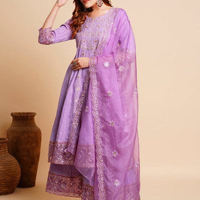 Floral Embroidered Anarkali Kurta with Palazzo & Organza Dupatta - Purple