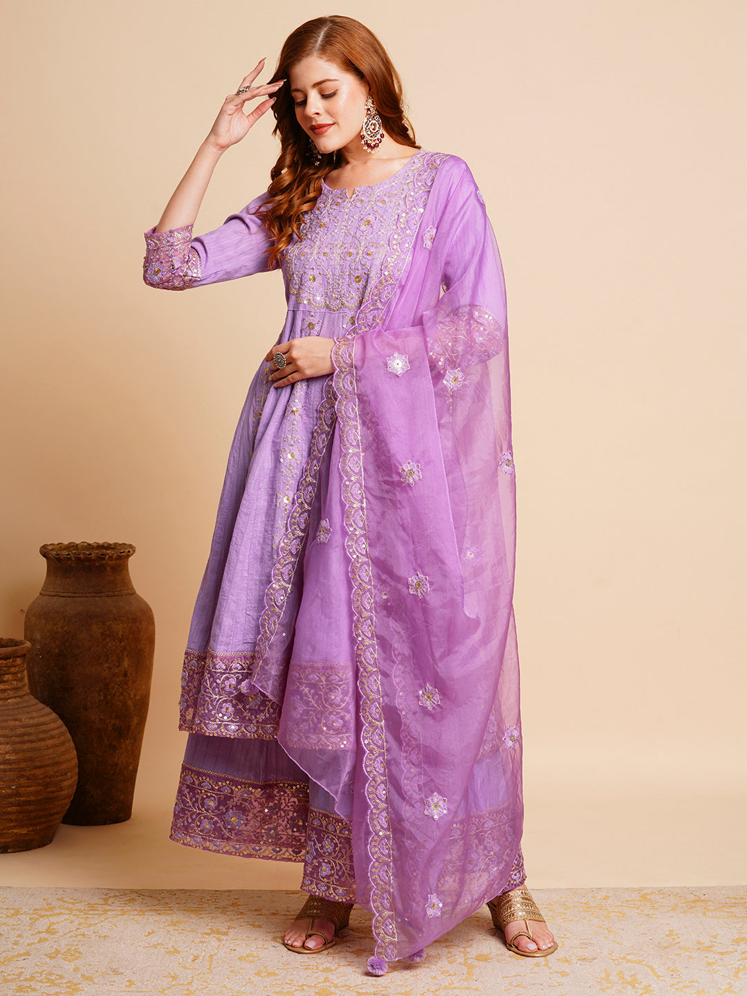 Floral Embroidered Anarkali Kurta with Palazzo & Organza Dupatta - Purple