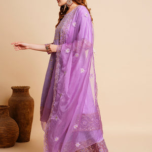 Floral Embroidered Anarkali Kurta with Palazzo & Organza Dupatta - Purple