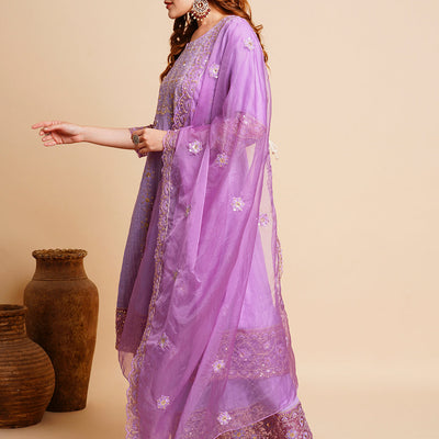 Floral Embroidered Anarkali Kurta with Palazzo & Organza Dupatta - Purple