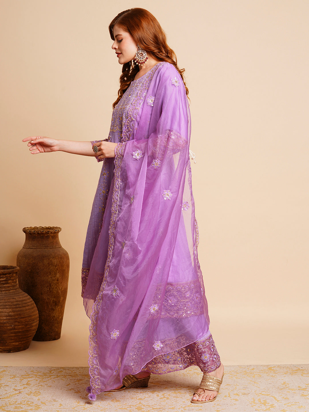 Floral Embroidered Anarkali Kurta with Palazzo & Organza Dupatta - Purple