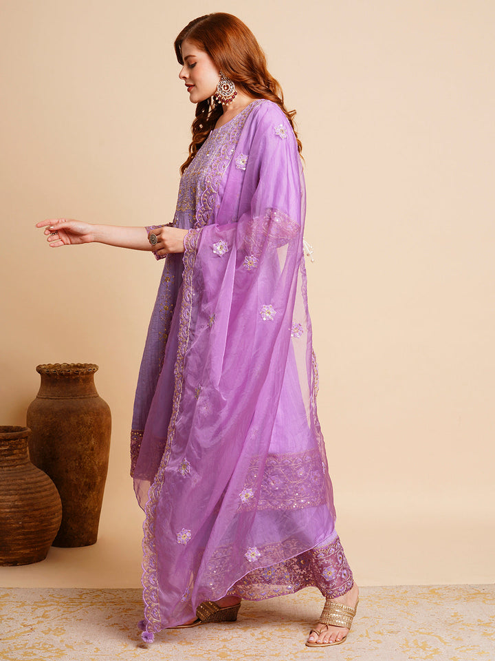 Floral Embroidered Anarkali Kurta with Palazzo & Organza Dupatta - Purple