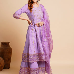 Floral Embroidered Anarkali Kurta with Palazzo & Organza Dupatta - Purple