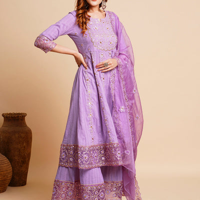 Floral Embroidered Anarkali Kurta with Palazzo & Organza Dupatta - Purple
