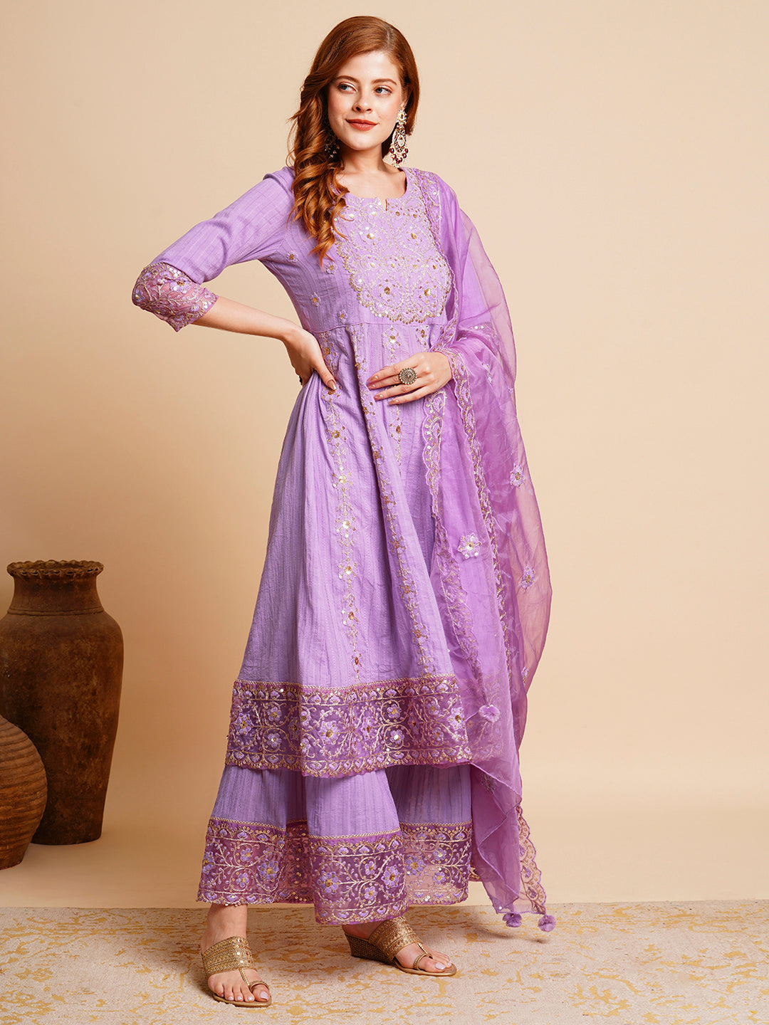 Floral Embroidered Anarkali Kurta with Palazzo & Organza Dupatta - Purple