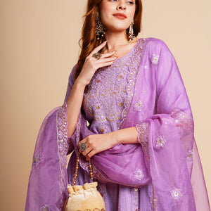 Floral Embroidered Anarkali Kurta with Palazzo & Organza Dupatta - Purple