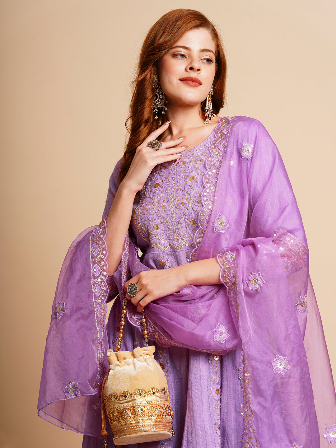 Floral Embroidered Anarkali Kurta with Palazzo & Organza Dupatta - Purple