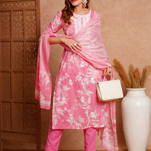 Floral Printed & Chikankari Embroidered Kurta with Pant & Dupatta - Pink