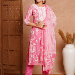 Floral Printed & Chikankari Embroidered Kurta with Pant & Dupatta - Pink