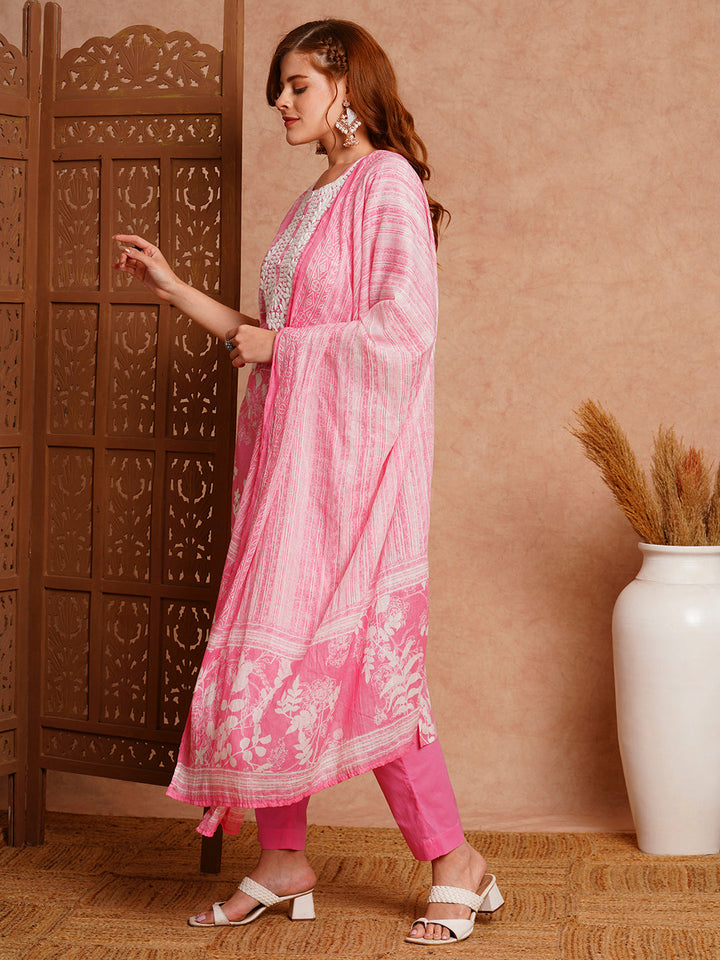 Floral Printed & Chikankari Embroidered Kurta with Pant & Dupatta - Pink