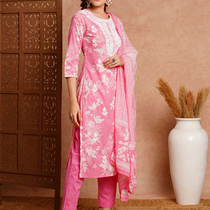 Floral Printed & Chikankari Embroidered Kurta with Pant & Dupatta - Pink