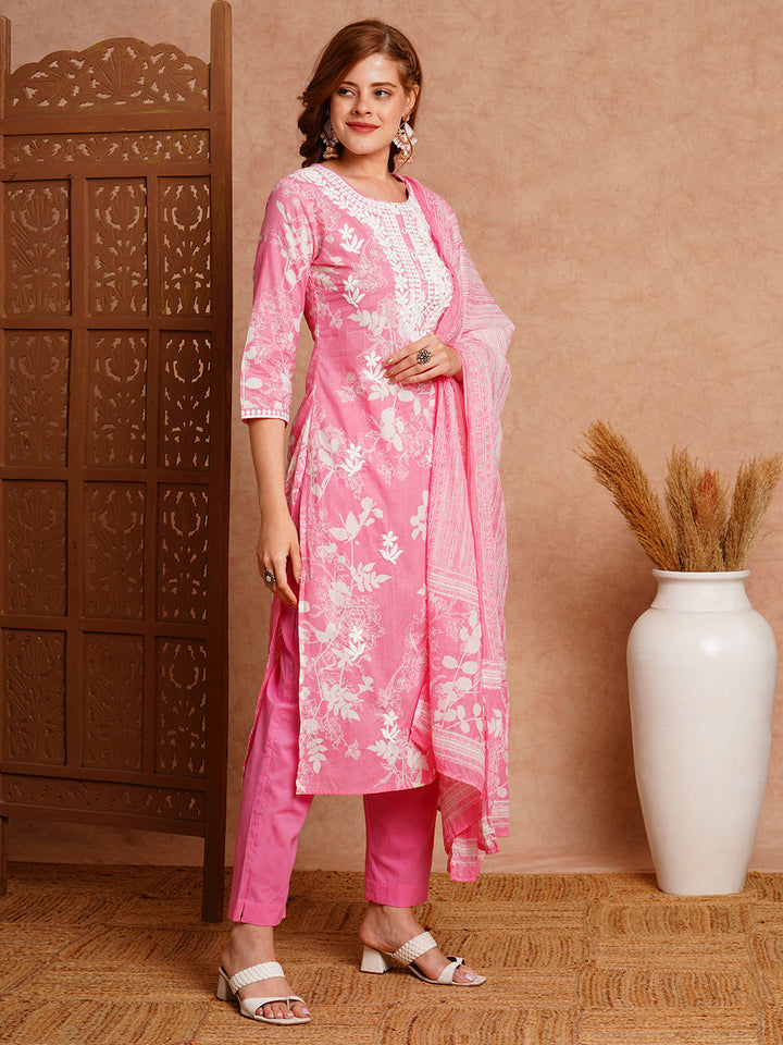 Floral Printed & Chikankari Embroidered Kurta with Pant & Dupatta - Pink