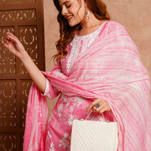 Floral Printed & Chikankari Embroidered Kurta with Pant & Dupatta - Pink
