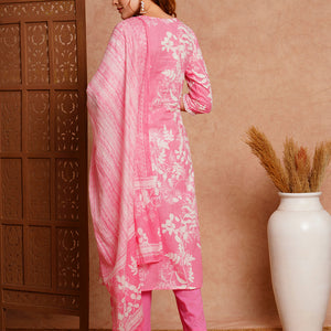 Floral Printed & Chikankari Embroidered Kurta with Pant & Dupatta - Pink
