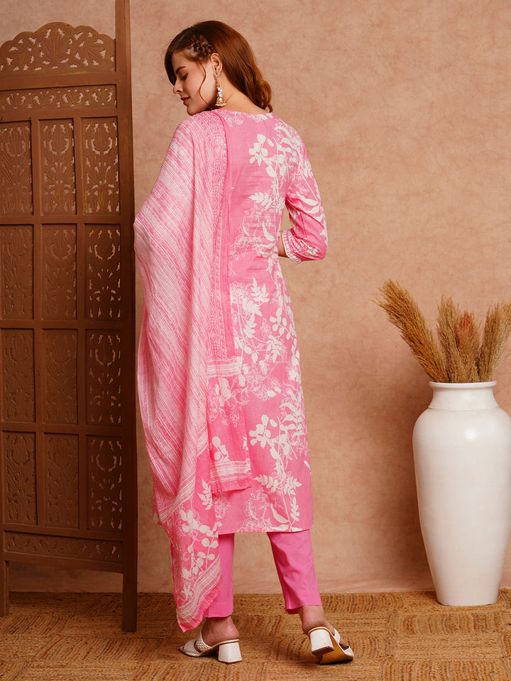 Floral Printed & Chikankari Embroidered Kurta with Pant & Dupatta - Pink