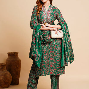 Floral Foil Printed & Embroidered Straight Kurta with Pant & Dupatta - Green