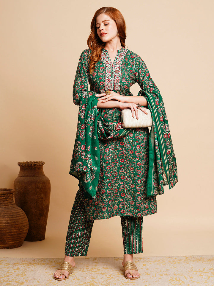 Floral Foil Printed & Embroidered Straight Kurta with Pant & Dupatta - Green