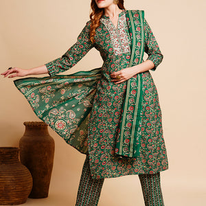 Floral Foil Printed & Embroidered Straight Kurta with Pant & Dupatta - Green