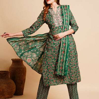 Floral Foil Printed & Embroidered Straight Kurta with Pant & Dupatta - Green