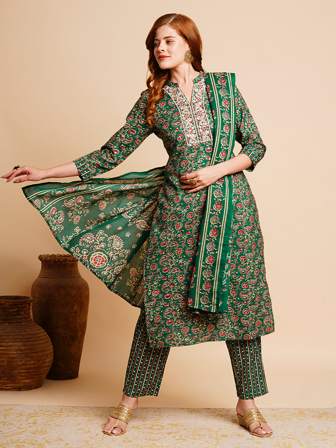 Floral Foil Printed & Embroidered Straight Kurta with Pant & Dupatta - Green