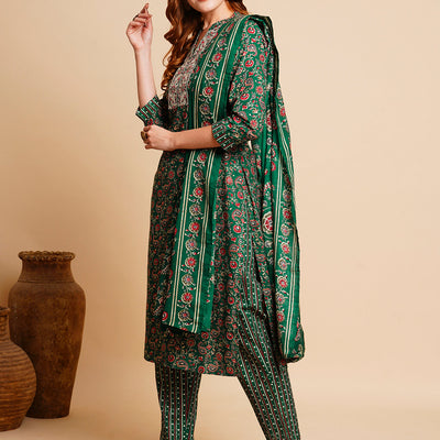 Floral Foil Printed & Embroidered Straight Kurta with Pant & Dupatta - Green