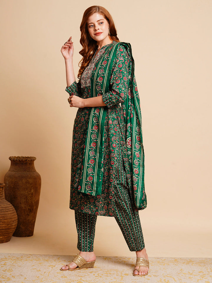 Floral Foil Printed & Embroidered Straight Kurta with Pant & Dupatta - Green