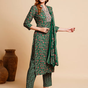Floral Foil Printed & Embroidered Straight Kurta with Pant & Dupatta - Green