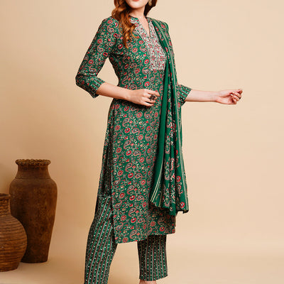 Floral Foil Printed & Embroidered Straight Kurta with Pant & Dupatta - Green