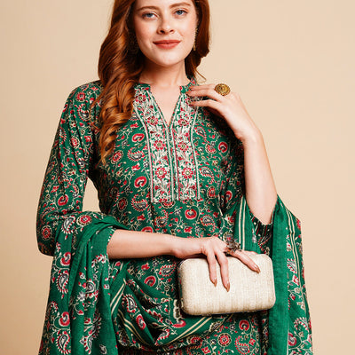 Floral Foil Printed & Embroidered Straight Kurta with Pant & Dupatta - Green