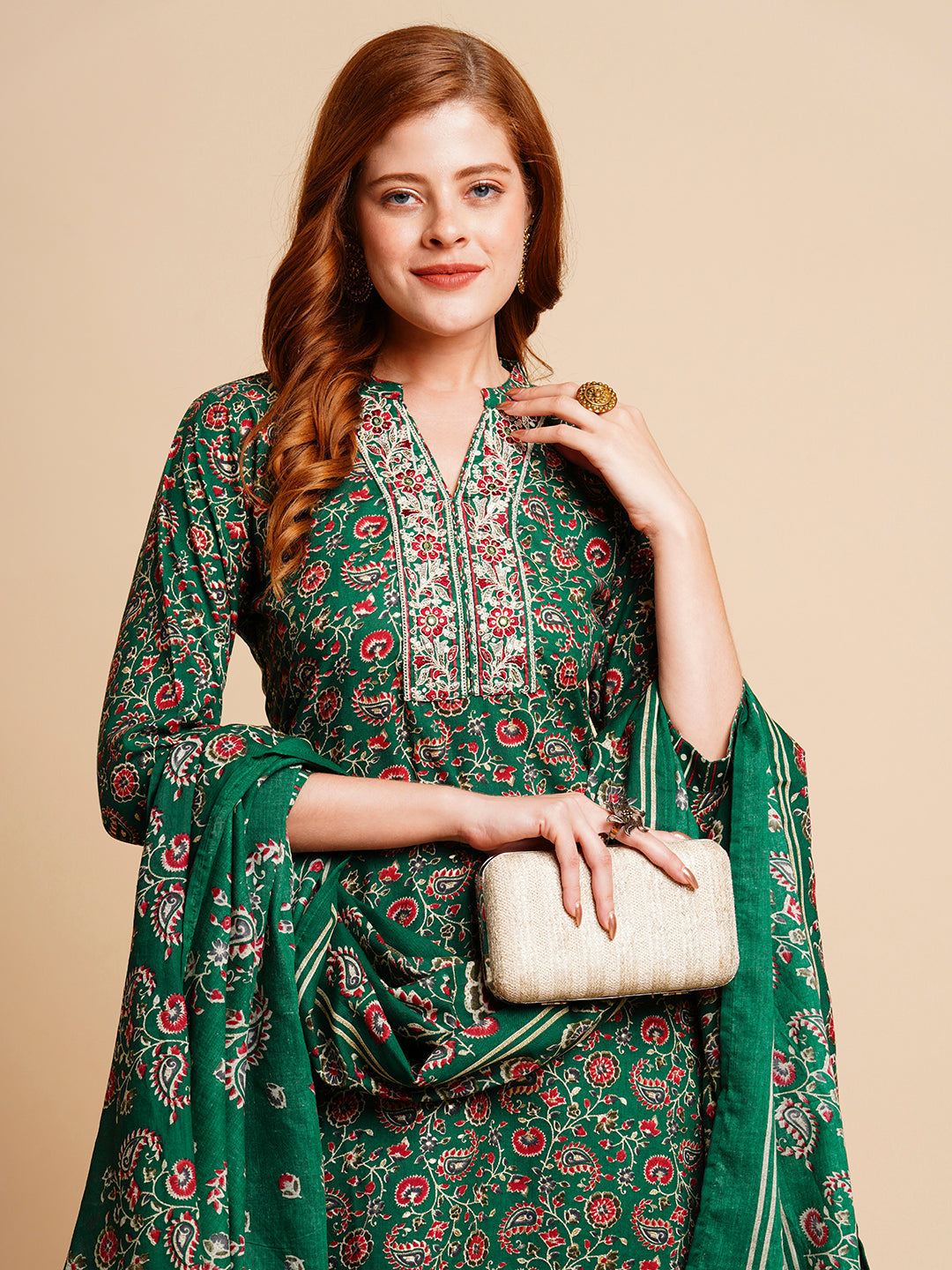 Floral Foil Printed & Embroidered Straight Kurta with Pant & Dupatta - Green