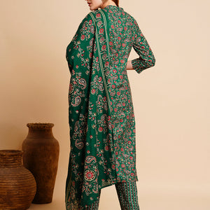 Floral Foil Printed & Embroidered Straight Kurta with Pant & Dupatta - Green